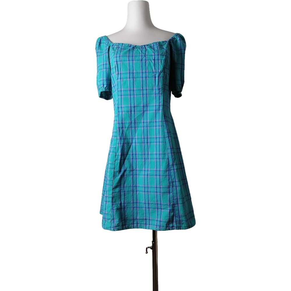 💦 L，blue and green plaid pattern  short puff sleeves  charming cotton dr